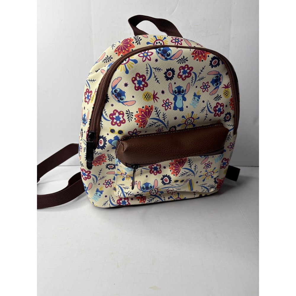 Disney Lilo & Stitch Mini Backpack Floral Print Brown Faux Leather‎ Cream Bag